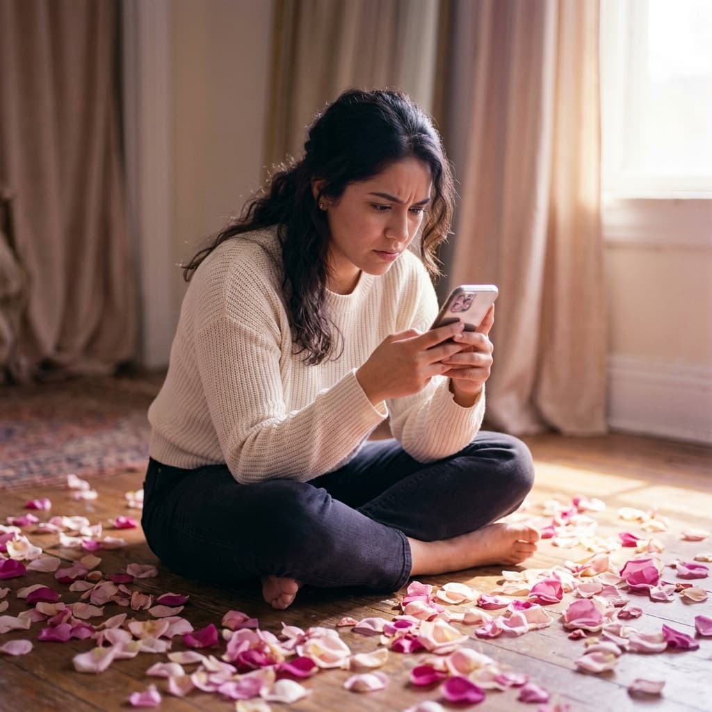 Mujer confundida entre atención sincera y love bombing en relación tóxica