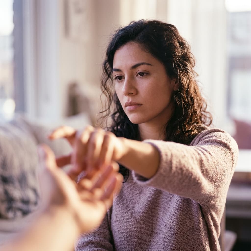 Mujer con expresión de preocupación y señales físicas de estrés emocional