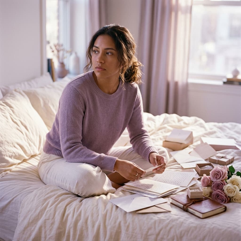 Ilustración de mujer confundida entre amor real y love bombing narcisista