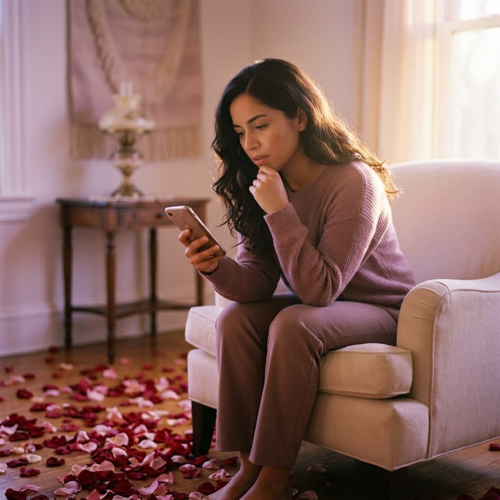 Mujer revisando mensajes en WhatsApp con señales de love bombing digital