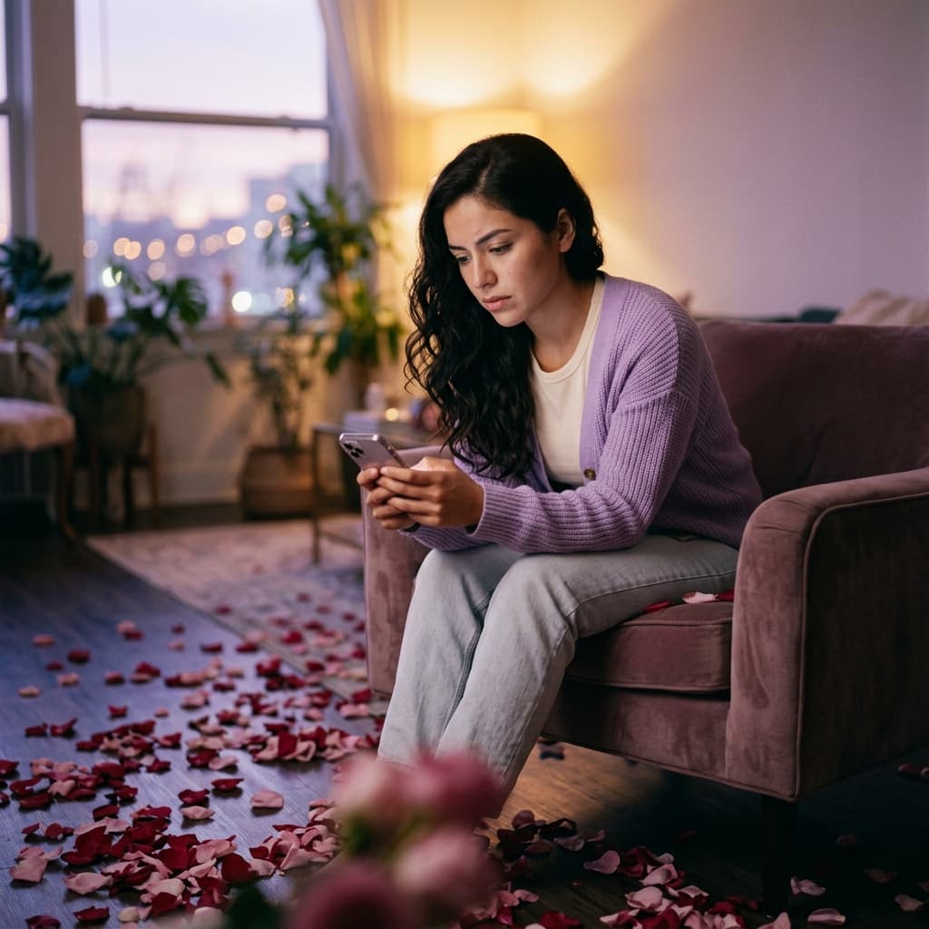 Mujer con expresión preocupada revisando mensajes en su teléfono en relación a love bombing a distancia